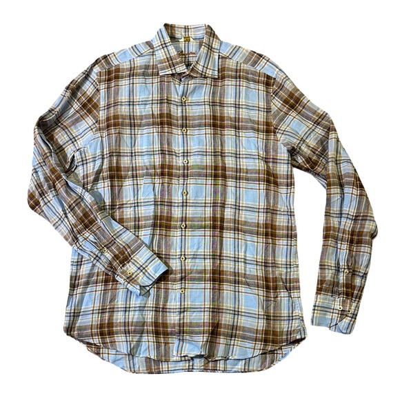 Stenströms Other - Stenströms mens L Large blue brown plaid 100% linen fitted body button up shirt